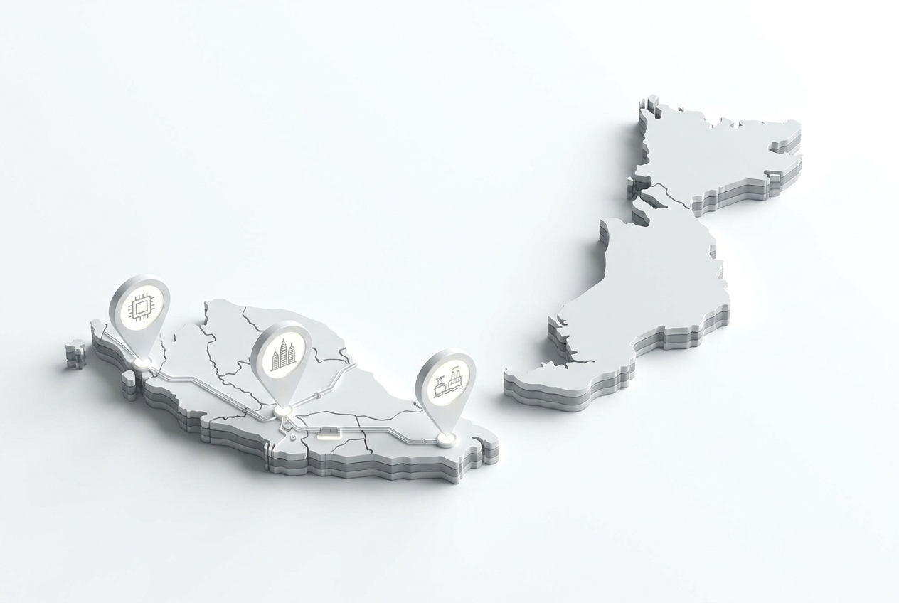 3D isometric map of Malaysia highlighting key export zones